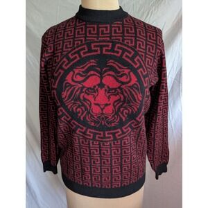 Pavini Sweater Red Black Lion Greek Key Graphic Knit Top Mens Sz M